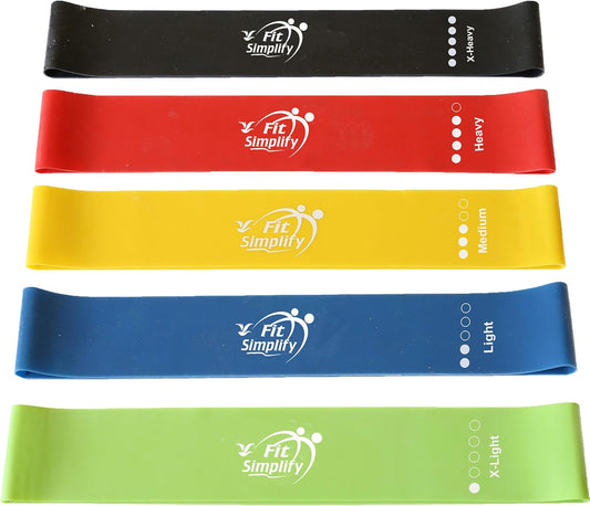 Fit Simplify Resistance Loop Exercise Bands with Instruction Guide and Carry Bag. Set of 5