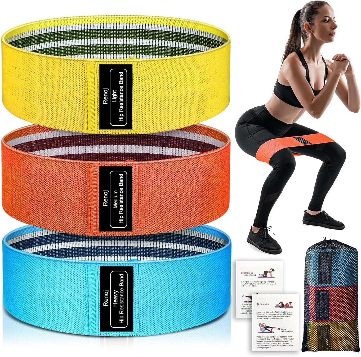 Renoj Resistance Bands for Working Out: 3-Set Professional Exercise Bands for Pilates. Yoga. Home Gym. Booty. Leg Training | Heavy/Medium/Light Fabric Loops for Women Men