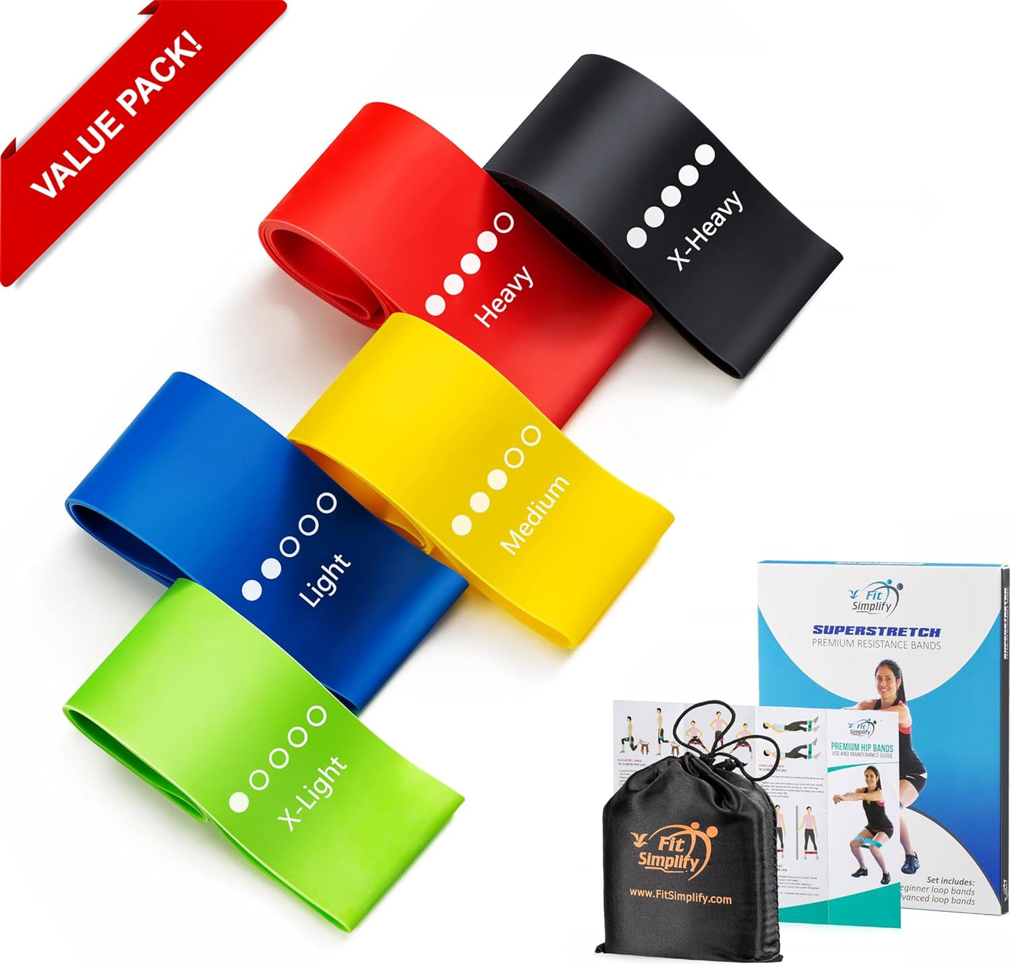 Fit Simplify Resistance Loop Exercise Bands with Instruction Guide and Carry Bag. Set of 5