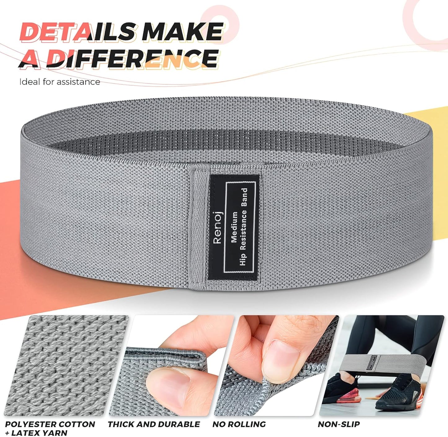 Renoj Resistance Bands for Working Out: 3-Set Professional Exercise Bands for Pilates. Yoga. Home Gym. Booty. Leg Training | Heavy/Medium/Light Fabric Loops for Women Men